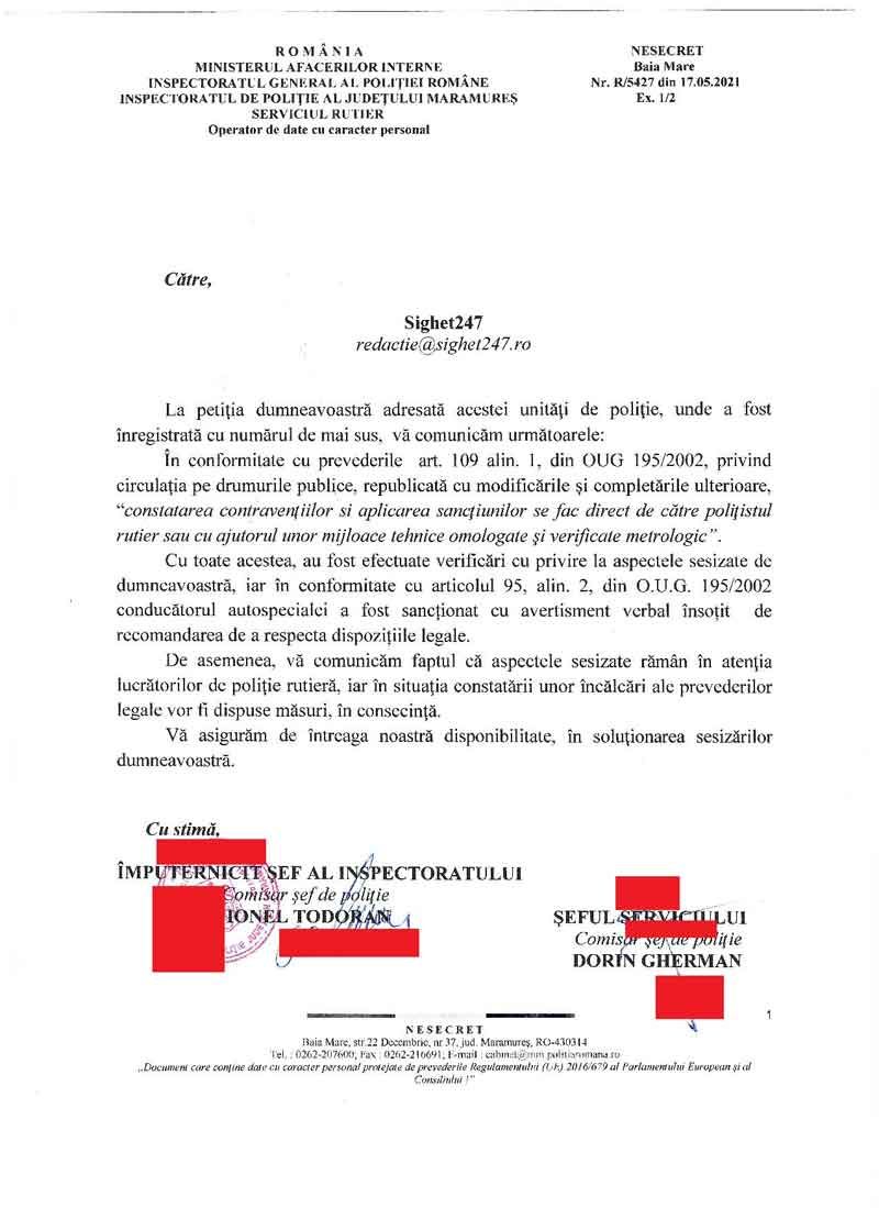 IPJ MM ȚINE SPATELE AGENȚILOR CARE GREȘESC - Agenta de poliție care a încălecat limitatoarele de viteză pe trecerea pentru pietoni și a accelerat când a fost depășită a scăpat doar cu un AVERTISMENT