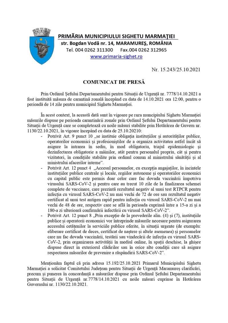 Mun. Sighetu Marmației rămâne în carantină până în 28 octombrie 2021, la amiază. În plus, se aplică și noile restricții pe lângă cele deja existente