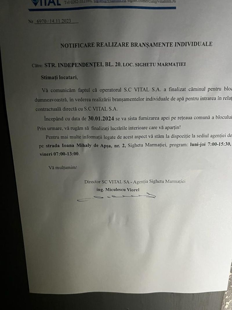 BĂTAIE DE JOC - După ce Vital S.A. i-a obligat pe locatarii unui bloc din Sighet să își plătească branșamentul individual de apă cu firma de casă a operatorului, acum îi amenință că nu le semnează contractele. Totul pentru datorii inventate!