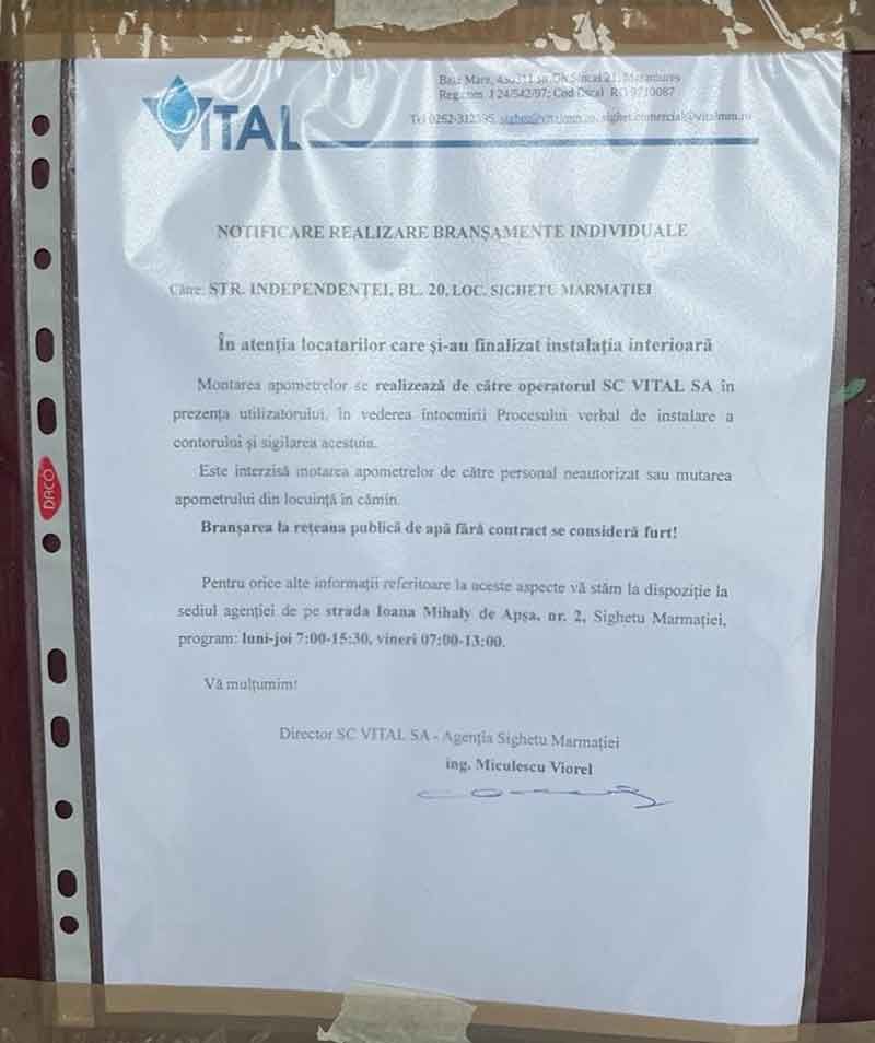 BĂTAIE DE JOC - După ce Vital S.A. i-a obligat pe locatarii unui bloc din Sighet să își plătească branșamentul individual de apă cu firma de casă a operatorului, acum îi amenință că nu le semnează contractele. Totul pentru datorii inventate!