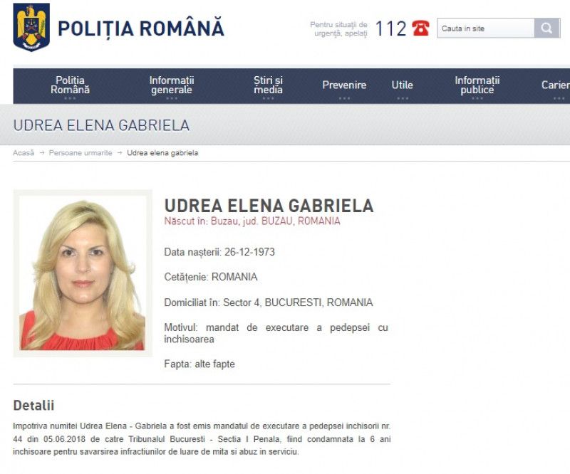 Elena Udrea a părăsit ţara în cursul dimineţii. Poliția a dat-o în urmărire generală