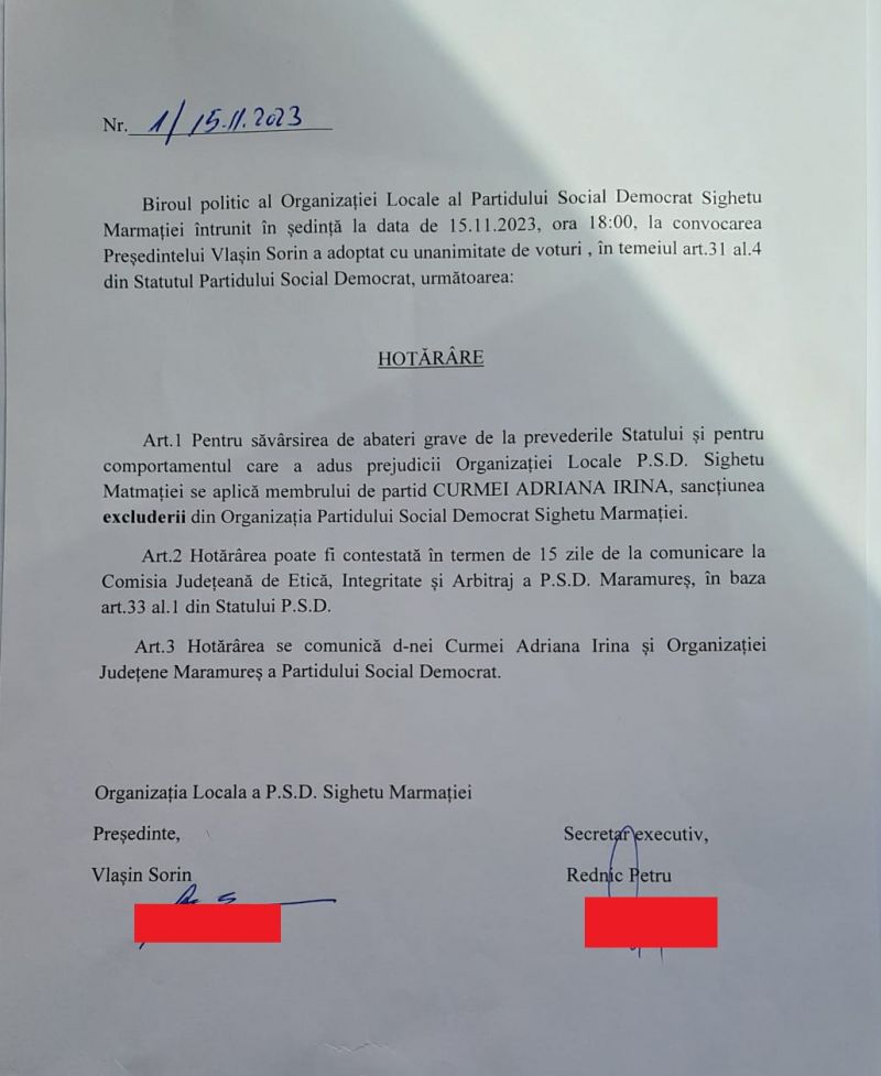 SIGHET - Consilierul local Curmei Irina Adriana a fost exclusă din PSD. I se impută că a atacat partidul și primarul și că soțul ei a preluat șefia la AUR Sighet