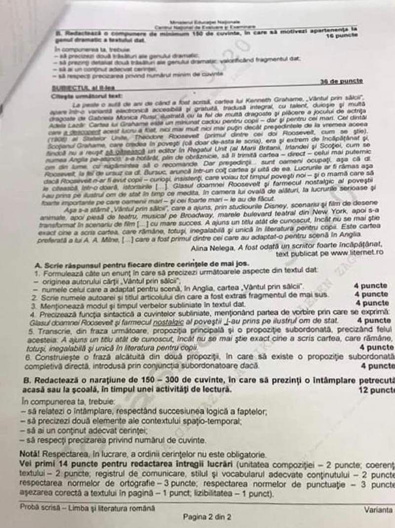 Subiecte Evaluare Naţională 2019 la limba română. Ce au avut de rezolvat elevii la proba scrisă