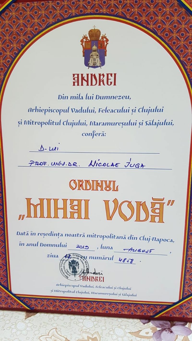 Prof. univ. dr. Nicolae Iuga a primit medalia Ordinului „Mihai Vodă” al Arhiepiscopiei Vadului, Feleacului și Clujului