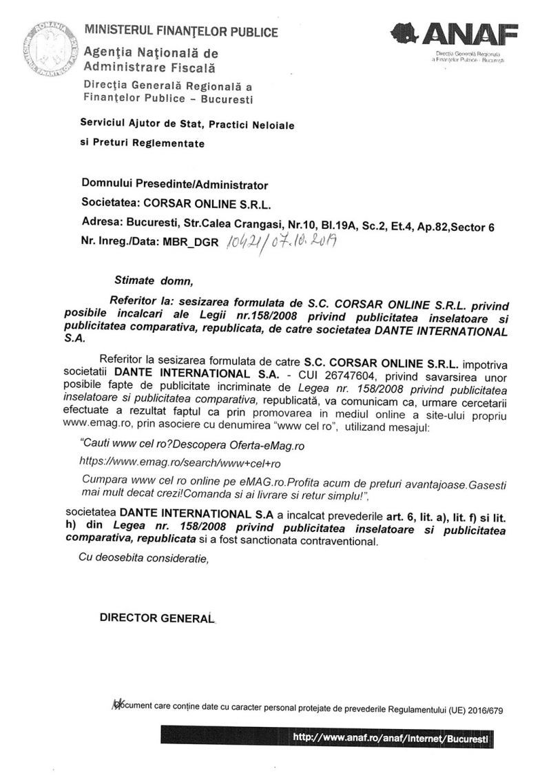 Emag a fost amendat pentru folosirea marcii inregistrate CEL.ro