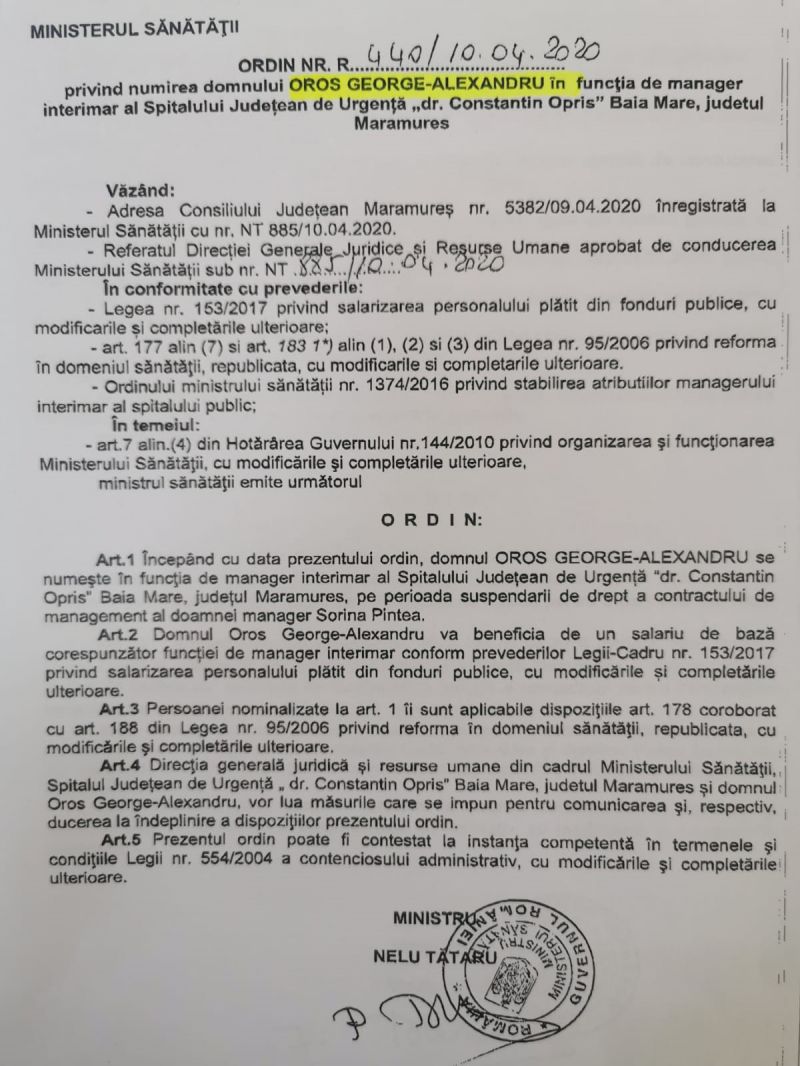 Scrisoarea deschisă adresată Ministrului Sănătății, Nelu Tătaru, de către președintele CJ Maramureș