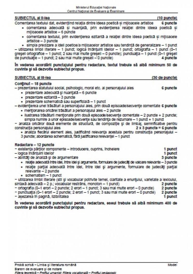 BACALAUREAT 2020 - Modele de subiecte la Limba română