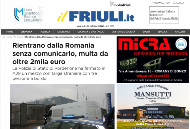 Italia - Trei români care se întorceau din țară, AMENDAȚI cu peste 2.000 euro. Nu aveau declarația pe propria răspundere și n-au anunțat ASL