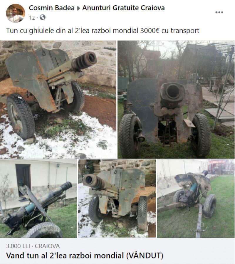 Un craiovean a scos la vânzare pe Facebook un tun din Al Doilea Război Mondial: „Are cauciucuri noi”. Câți bani a cerut